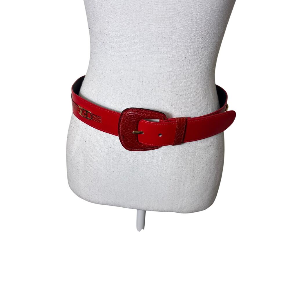 Vintage Escada Red Belt with Gold Metal "E" Logo 38"